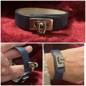Navy Blue Leather Bracelet with Turn Lock Clasp